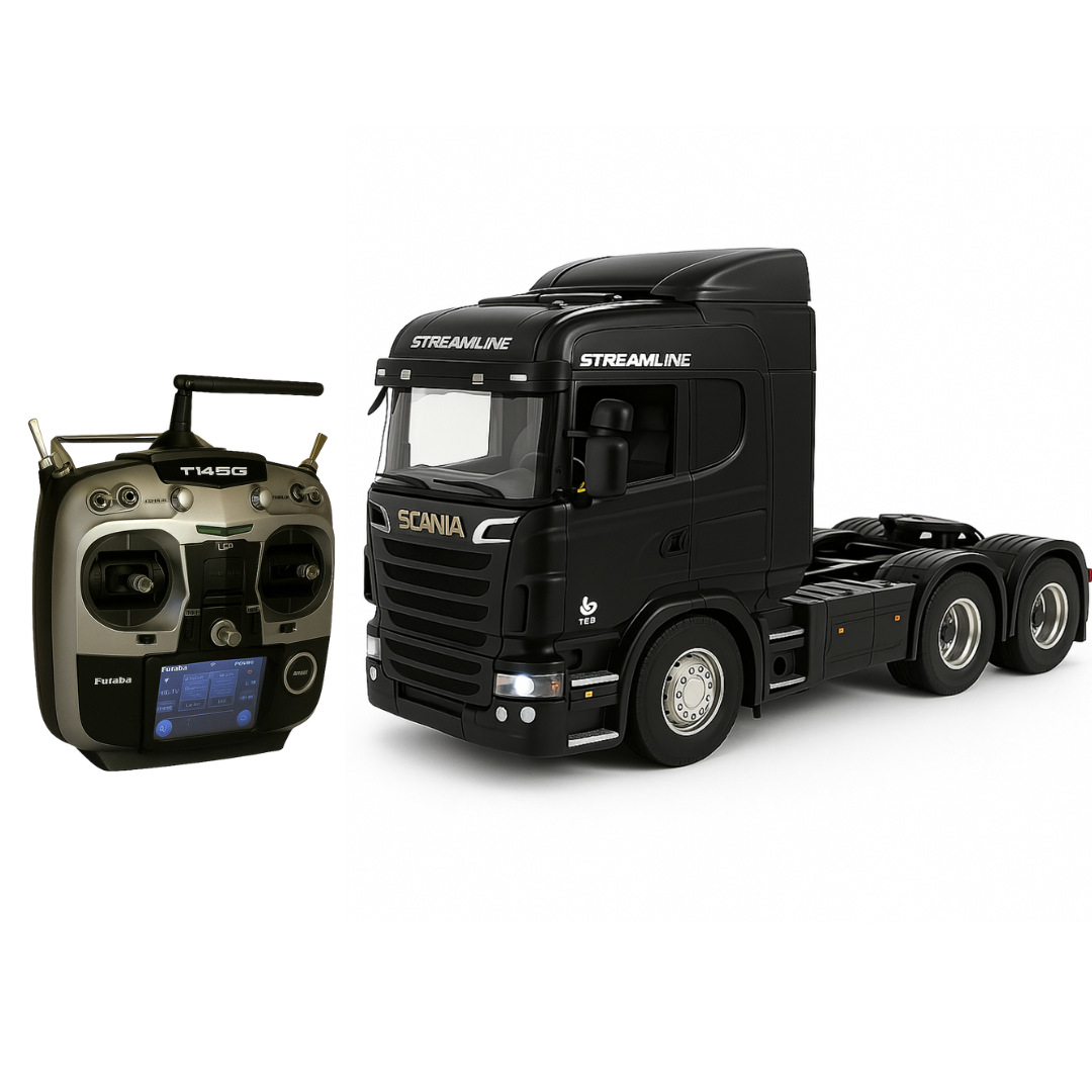Miniatura Realista de Controle Remoto Caminhão Scania S540 6X4 + Carreta de Brinde (QUEIMA DE ESTOQUE)